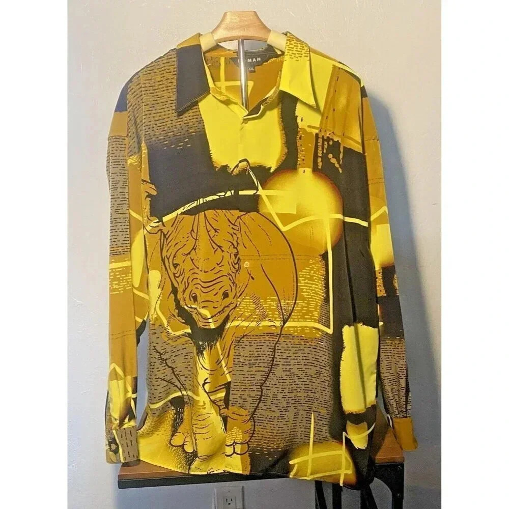 Vintage 1990s Koman Sport Long Sleeve Button Up Rhino Shirt Colorful Mens XXL